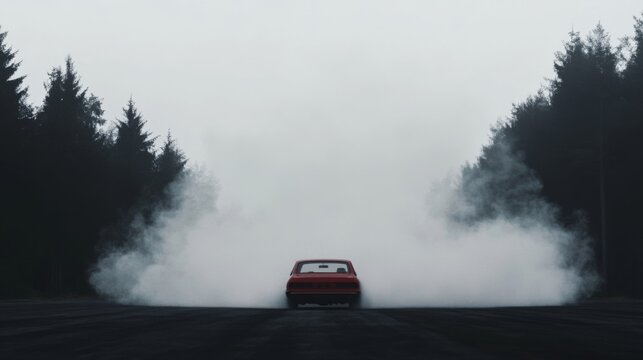 Red car drifting on foggy forest road