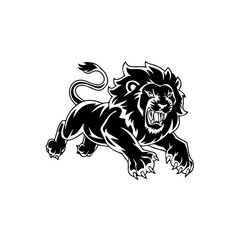 A bold black and white vector illustration of a roaring lion in mid-leap, showcasing its fierce expression, muscular body, and sharp claws.