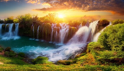 beautiful waterfall at sunset 