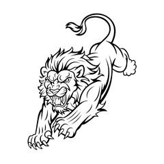 A bold black and white vector illustration of a roaring lion in mid-leap, showcasing its fierce expression, muscular body, and sharp claws.