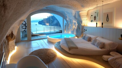 Fototapeta premium Luxury hotel corridor with elegant lighting and sophisticated decor.