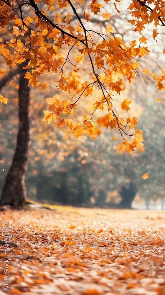 Poster autumn leaves falling in the forest with a beautiful warm atmosphere : generative ai
