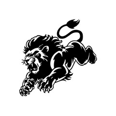 A bold black and white vector illustration of a roaring lion in mid-leap, showcasing its fierce expression, muscular body, and sharp claws.