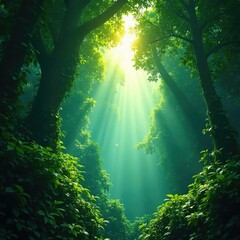 Obraz premium Tropical rainforest canopy illuminated by sunbeams, tropical, sunlight, branches