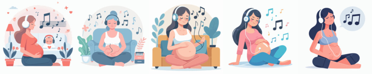 set vector pregnant woman listening to music © logo