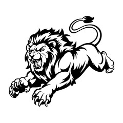 A bold black and white vector illustration of a roaring lion in mid-leap, showcasing its fierce expression, muscular body, and sharp claws.