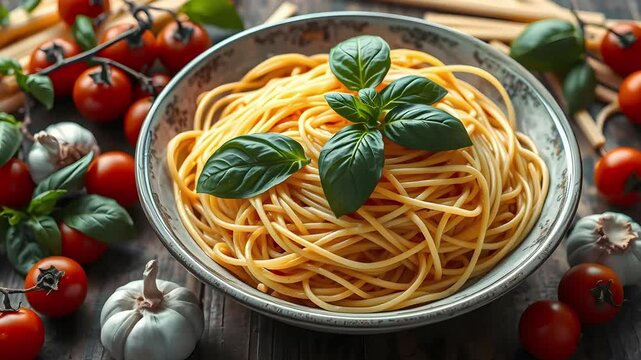 A bowl of cooked spaghetti garnished with fresh basil leaves, surrounded by cherry tomatoes and garlic cloves on a wooden table.