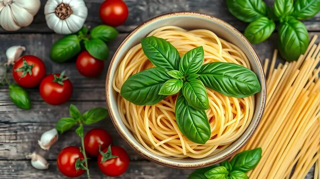 A bowl of uncooked spaghetti garnished with fresh basil leaves, surrounded by cherry tomatoes, garlic bulbs, and more spaghetti on a rustic wooden table.