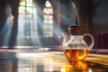 Golden light illuminates a glass teapot on a wooden table with a colorful stained glass window