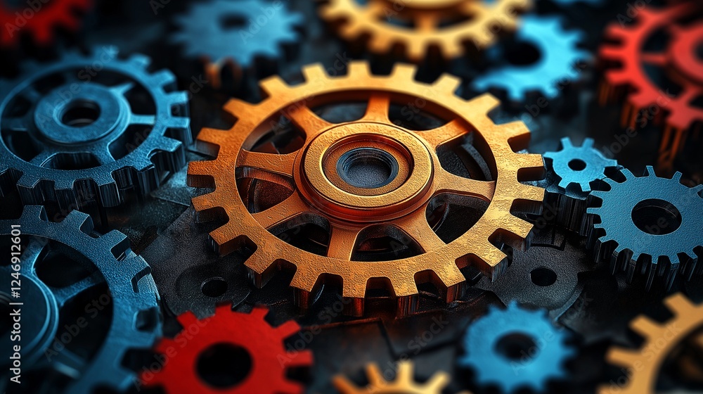 Poster a mesmerizing close-up of a complex system of interlocked gears, symbolizing the intricate workings 