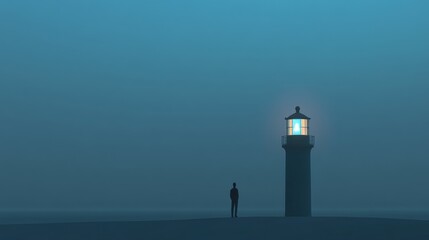 Mysterious lighthouse in foggy atmosphere.