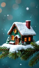 Fototapeta premium Tiny snow-covered cottage on a Christmas tree branch, mini, winter