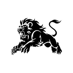 A bold black and white vector illustration of a roaring lion in mid-leap, showcasing its fierce expression, muscular body, and sharp claws.