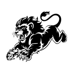 A bold black and white vector illustration of a roaring lion in mid-leap, showcasing its fierce expression, muscular body, and sharp claws.