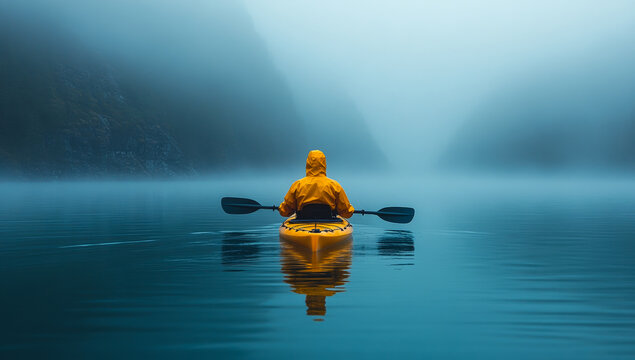 Kayaker on misty lake. A person in a yellow kayak paddles serenely on a foggy lake surrounded by misty cliffs at dawn.