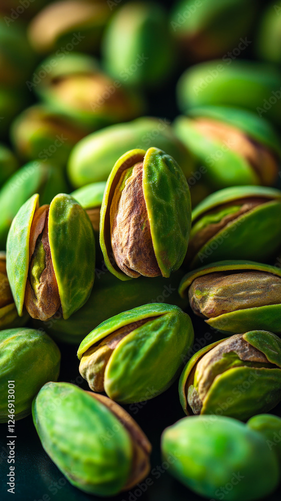 Poster close-up of fresh pistachios. bright green pistachios with open shells display their rich color and 