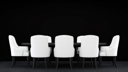 Fototapeta premium Modern dining room, black wall, white chairs, table, elegant interior design, for home decor websites