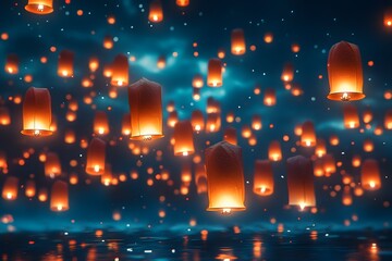 Magical Floating Lanterns Illuminating the Tranquil Night Sky during a Festive Cultural