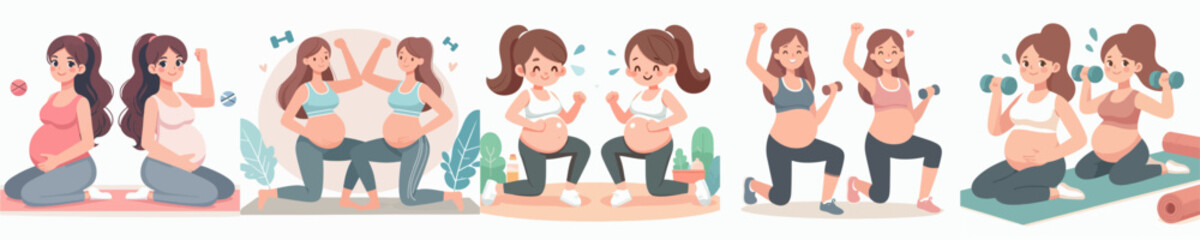 pregnant woman vector set doing exercise