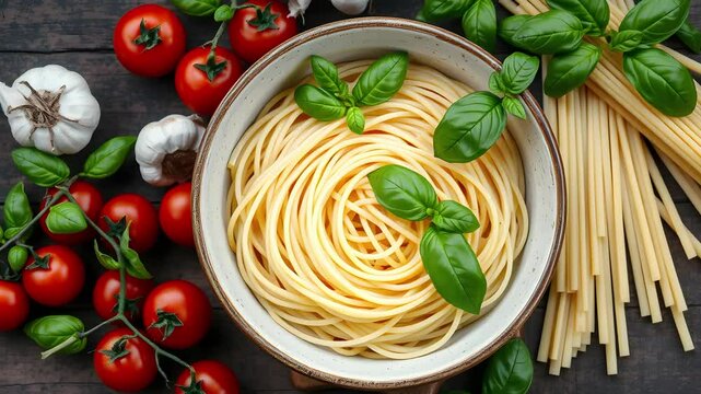 A bowl of uncooked spaghetti garnished with fresh basil leaves, surrounded by cherry tomatoes, garlic bulbs, and more basil on a wooden table.