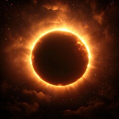 Fototapeta premium Fiery Celestial Orb Glowing in Space with Starry Sky and Dark Clouds around the Edges