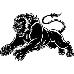 A bold black and white vector illustration of a roaring lion in mid-leap, showcasing its fierce expression, muscular body, and sharp claws.