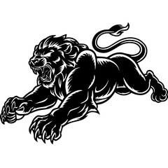 A bold black and white vector illustration of a roaring lion in mid-leap, showcasing its fierce expression, muscular body, and sharp claws.