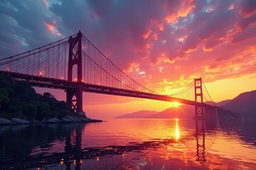 Fototapeta premium The sky transforms into a kaleidoscope of colors as sunset falls beneath suspension bridge, kaleidoscope colors, yellow,