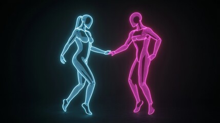 Neon figures dancing in vibrant colors.