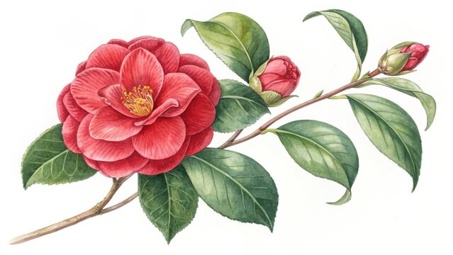 Botanical watercolor of red camellia with lush green leaves on white background