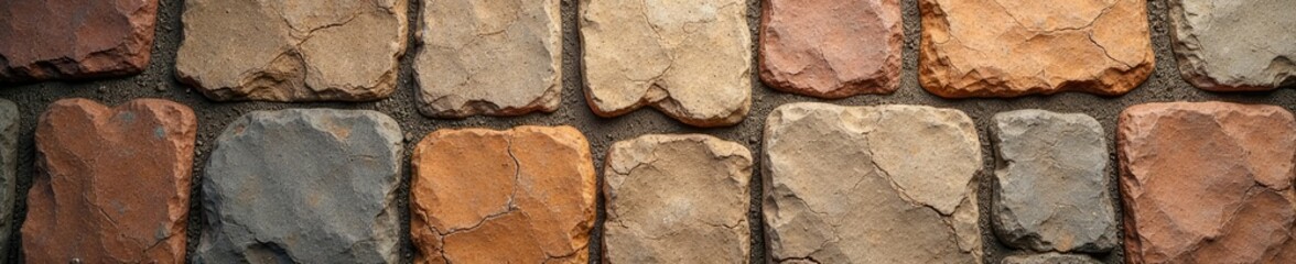 Textured stone pavement with cracks and worn stones, worn out, brownish