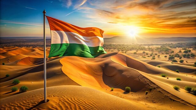 Niger Flag Aerial View: Orange, White, Green Stripes Over Saharan Landscape