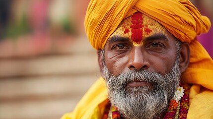 Portrait of a Mature Man in Traditional Saffron Attire with Intricate Decorations and Calm Expression : Generative AI