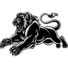 A bold black and white vector illustration of a roaring lion in mid-leap, showcasing its fierce expression, muscular body, and sharp claws.