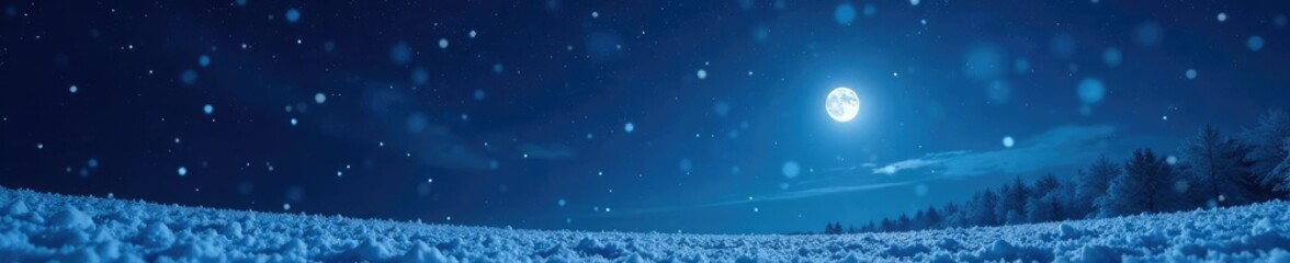 Fototapeta premium Snowflakes falling on a dark sky with stars and moonlight shining through the snow, wintery evening, frosty atmosphere, starry night sky
