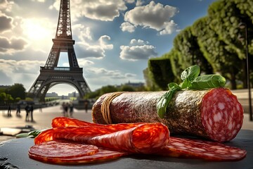 delicious salami with the  Eiffel Tower in the background