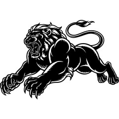A bold black and white vector illustration of a roaring lion in mid-leap, showcasing its fierce expression, muscular body, and sharp claws.