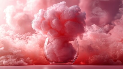 Pink cotton candy in glass, dreamy background, food photography