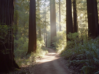 Fototapeta premium Serene Forest Path Winding Through Towering Redwood Trees with Sunlight Filtering Through