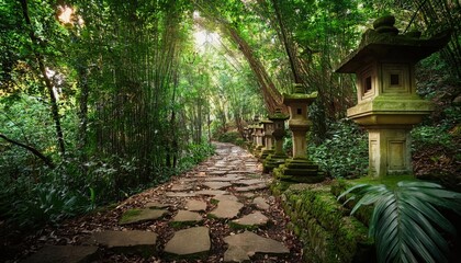 Vibrant summer stroll through a lush forest with ancient stone lanterns