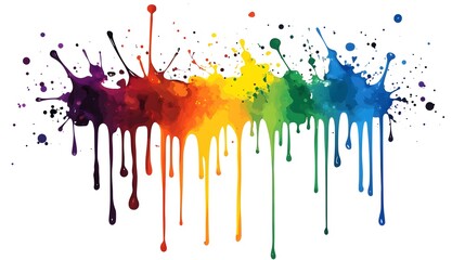 Fototapeta premium A vibrant rainbow-colored paint splashes and drips on a white background. The colors transition smoothly from red to violet, creating a dynamic, artistic, and energetic abstract effect.