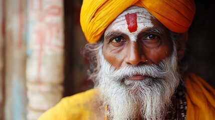 Wise Elder with Vibrant Orange Turban Exuding Spirituality and Traditional Wisdom : Generative AI