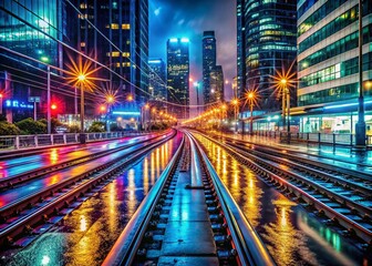 Fototapeta premium Night City Transit Tracks - Urban Tapestry of Lights and Shadows