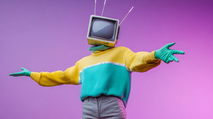 Creative display of a person in a retro sweater with a television for a head against a colorful backdrop