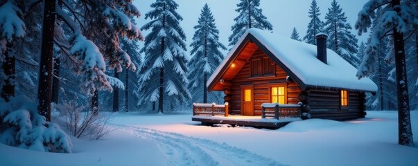 Snow-covered cabin in the woods with smoke rising from chimney, fireplace, warm