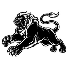 A bold black and white vector illustration of a roaring lion in mid-leap, showcasing its fierce expression, muscular body, and sharp claws.