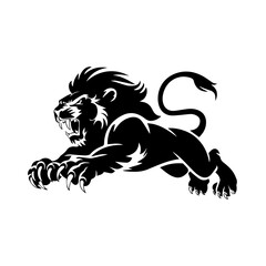 A bold black and white vector illustration of a roaring lion in mid-leap, showcasing its fierce expression, muscular body, and sharp claws.