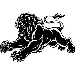 A bold black and white vector illustration of a roaring lion in mid-leap, showcasing its fierce expression, muscular body, and sharp claws.