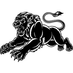 A bold black and white vector illustration of a roaring lion in mid-leap, showcasing its fierce expression, muscular body, and sharp claws.
