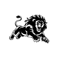 A bold black and white vector illustration of a roaring lion in mid-leap, showcasing its fierce expression, muscular body, and sharp claws.